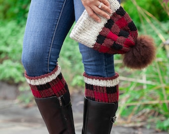 Loom Knit Buffalo Plaid Hat  Boot Toppers PDF PATTERN Set. Easy Colorwork, Beginner Friendly, PATTERN Download. This is a Digital file.