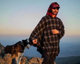 Hooded Wool Poncho: Unisex Black & Red Plaid Blanket