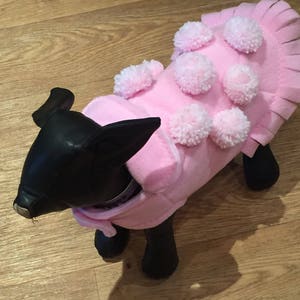 May include: A pink dog sweater with white pom-poms. The sweater has a fringe trim around the bottom.