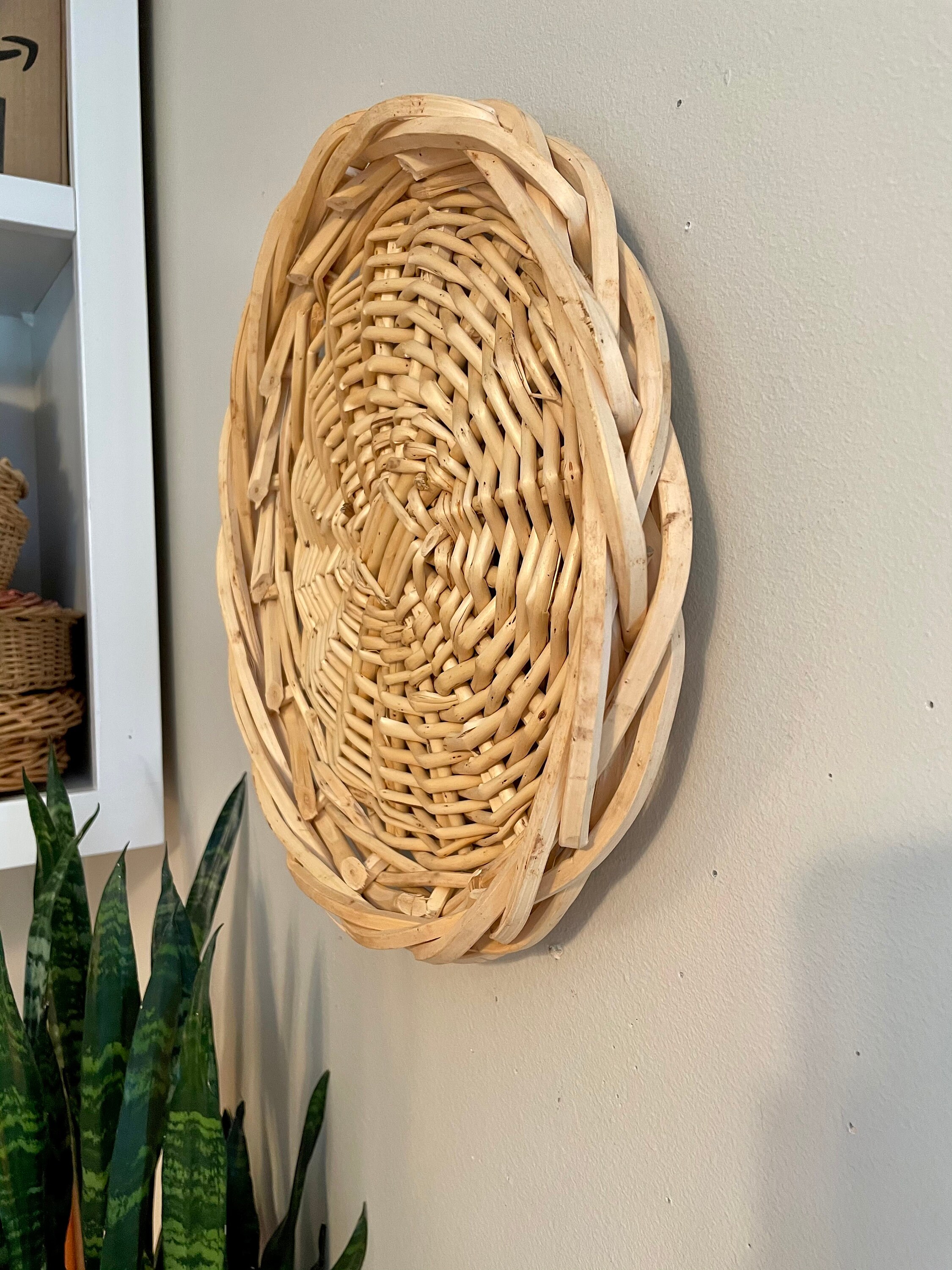 Vintage 14 Flat Wall Basket Round Wicker Basket Boho Etsy