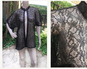 Nylon Lace Robe Vintage 50s 60s Black Sheer Bed Jacket Cheongsam Shirt Blouse S M