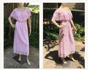 Pink Lace Dress Vintage Miss Elliette 60s Ruffle Wiggle Pinup Cocktail Party Tea Length Skirt M L