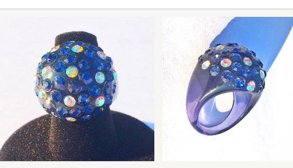 Rhinestone Lucite Ring Vintage 50s Navy Blue Clear
