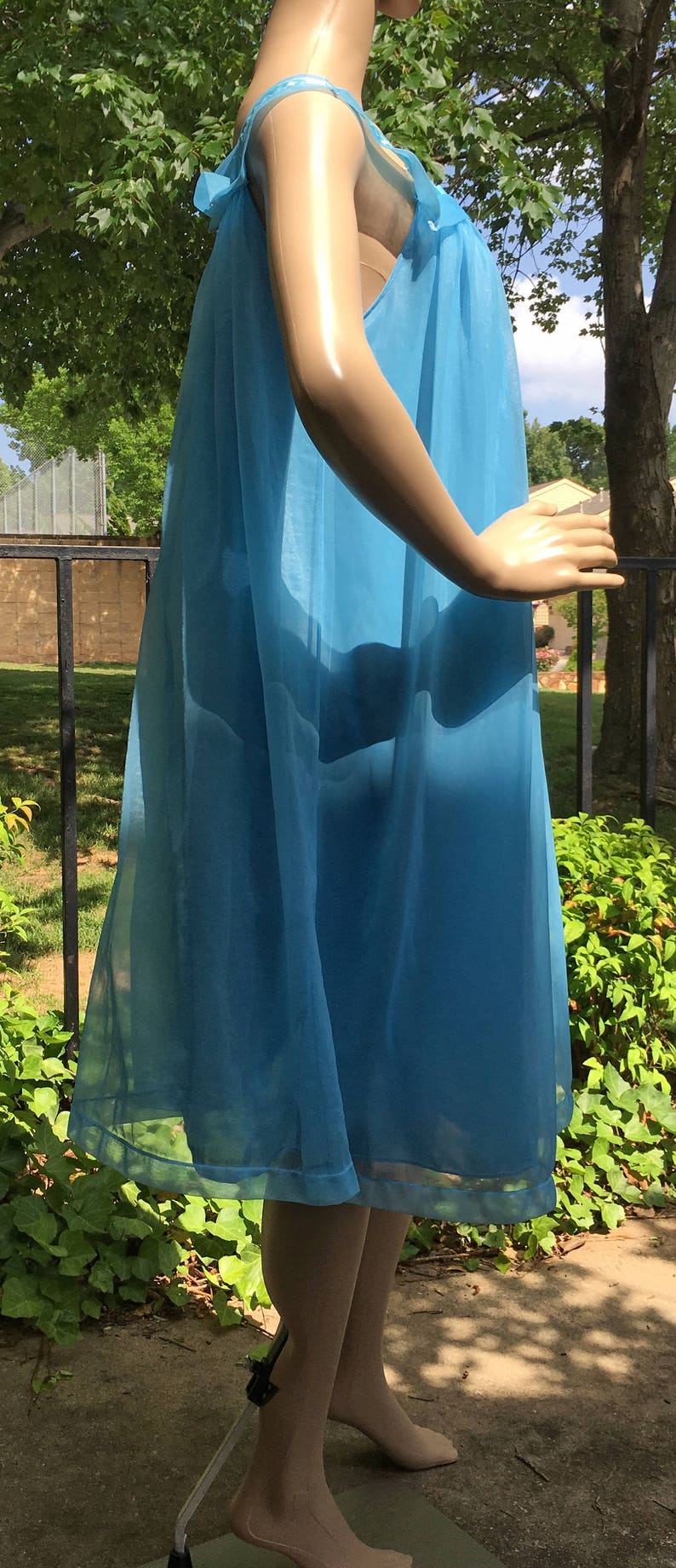 Vintage Peignoir Nightgown Nylon Blue Sailor Collar Henson Kickernick Sheer Double Layered Negligee Wider Cut 34 S M L
