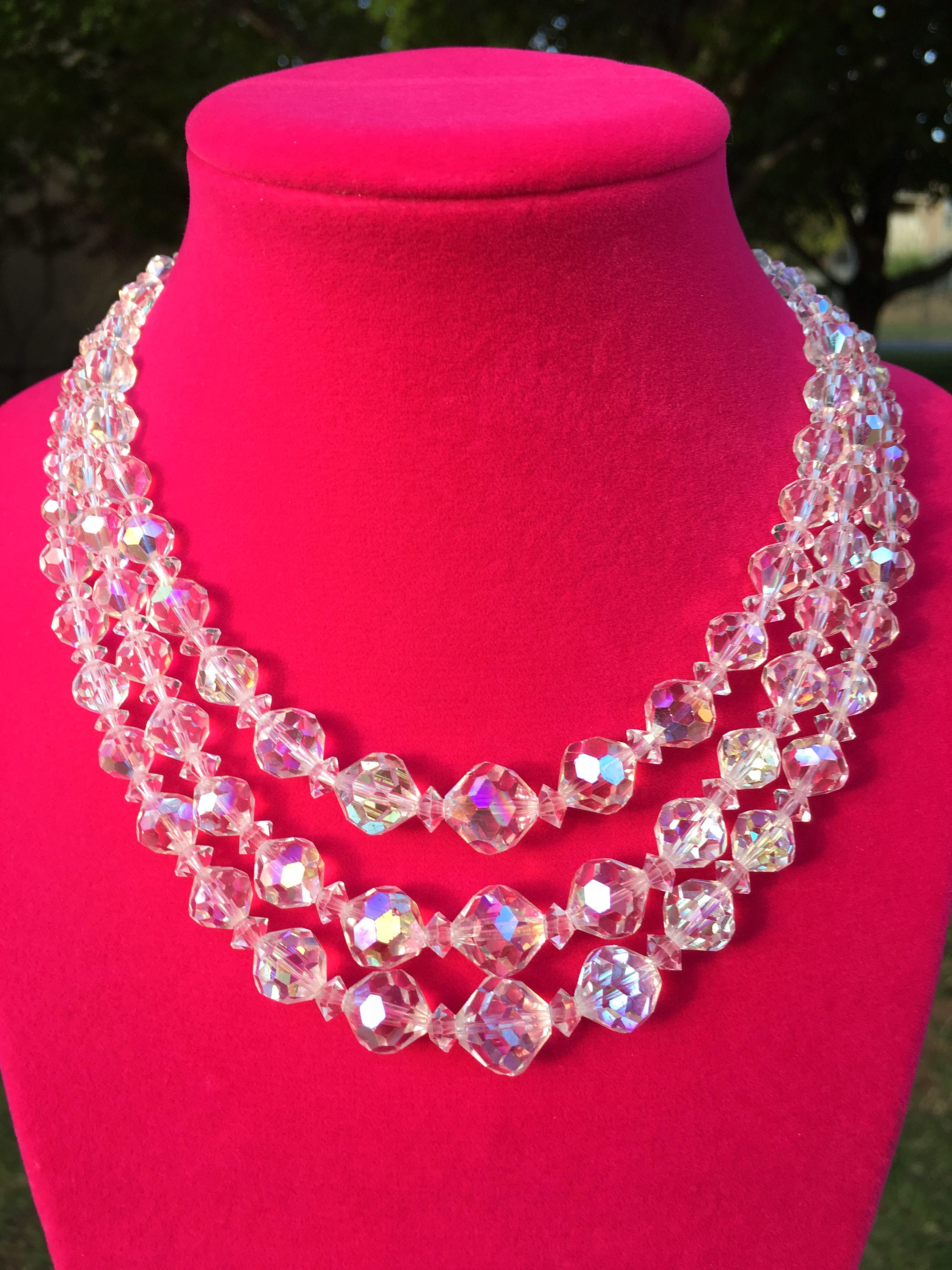 Vintage Crystal Necklace Clear Rhinestone Signed Multi Strand Etsy