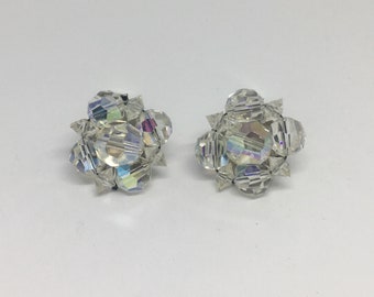 Vintage Crystal Earrings 50s Swarovski AB Beaded Clip Ons Mid Century Prom Evening Formal Jewelry