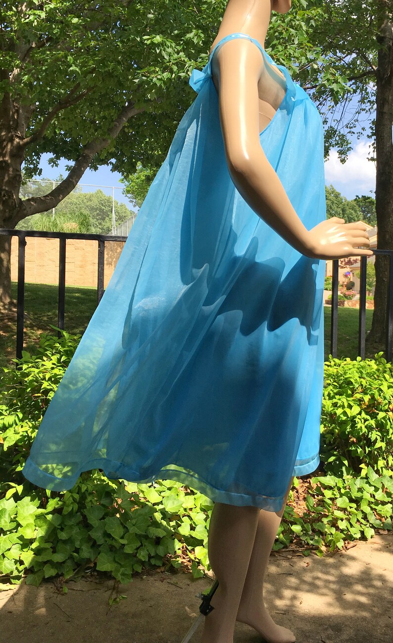 Vintage Peignoir Nightgown Nylon Blue Sailor Collar Henson Kickernick Sheer Double Layered Negligee Wider Cut 34 S M L