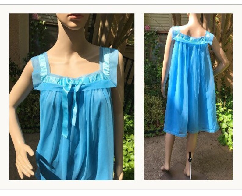 Vintage Peignoir Nightgown Nylon Blue Sailor Collar Henson Kickernick Sheer Double Layered Negligee Wider Cut 34 S M L