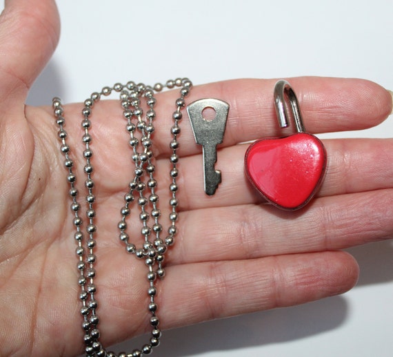 Vintage Lock and Key Necklace, Red Enamel Heart S… - image 3