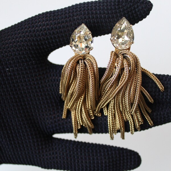 Vintage Large Dramatic Napier Pat Pend Large White Stone Earrings with Gold Tone Chain Tassels Dangles Clip On Earrings Stunning NAPIER