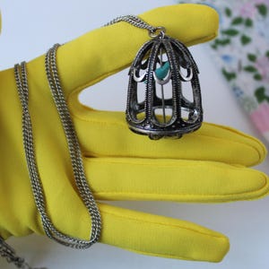 Unusual Bird Cage Necklace Bright Turquoise Blue Bird inside Bird Cage Large Pendant on Longer 34&quot; Silver Tone Chain, Unique Bird in Cage