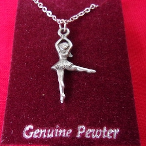 Vintage Petite Ballet Dancer Necklace, Tiny Dancer Pendant on Original Card, Ballerina Pewter Pendant on a 18&quot; Silver Chain, Ballerina