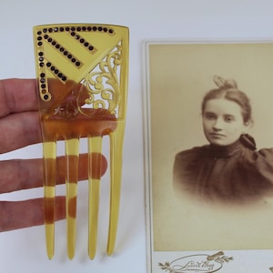 Duży grzebień do włosów z lat 20. XX wieku, celuloid, imitacja żółwia, dekoracyjna biżuteria do włosów w stylu art déco, stary grzebień do włosów z fioletowymi kamieniami w stylu art déco