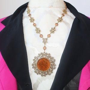Vintage Large Intaglio Glass Cameo Necklace Unusual Subject Cupid and Venus Gold Filigree with Round Open Bezels, Old Hollywood Goldette