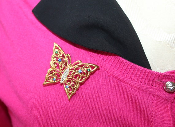 Vintage Jeweled Butterfly Pin Brooch Designer Sig… - image 3