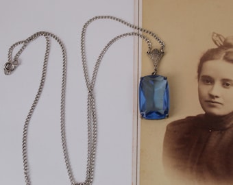 Estate Jewelry - Antique 1920s Art Deco Era Blue Faux Sapphire Large Pendant Necklace on Longer 24" Chain, Gorgeous Blue Faceted Czech Glass