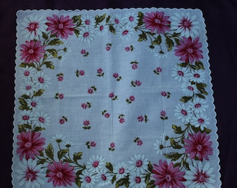 Vintage Mid Century White Cotton Linen Handkerchief Hanky White and Pink Daisies Large Unused Hanky Pink White Scalloped Edges 14"