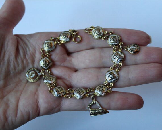 Vintage Damascene Charm Bracelet with Dangle Char… - image 3