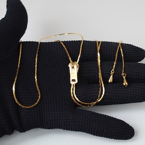 Vintage 1980s Gold Tone Zipper Lariat Necklace, Liquid Gold Vintage 1980s Gold Tone Zipper Lariat Necklace, Liquid Gold