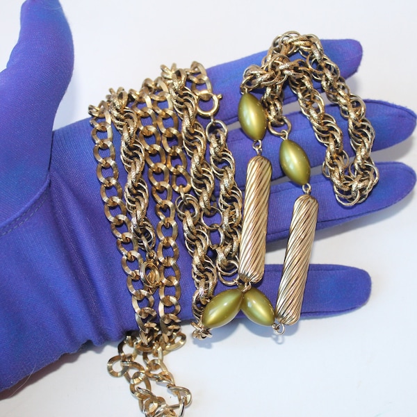 Vintage 1962 Green Moonglow and Heavy Gold Tone Chain "Golden Avocado" by Sarah Coventry Long 36" Necklace 1960s