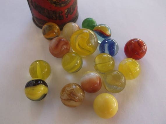 17 Antique Toy Marbles Old Glass Marble Lot Yellow Swirl Etsy