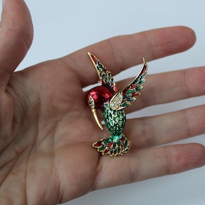 Vintage Enamel and White Crystal Hummingbird Pin, Red, Green and Blue Enamel Hummingbird Gold Tone Pin Brooch, Excellent