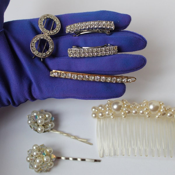 Vintage Mid Century Lot of 7 Hair Accessories, Hair Barrettes, Many Rhinestones Barrettes, Pearl Accents, 50s Pearl Comb, Some Unique Pieces