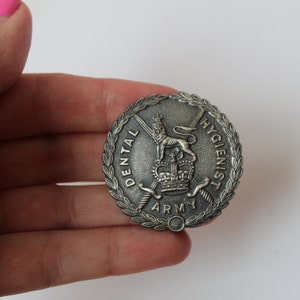 Vintage 1955 Royal British Army Dental Corps Pin Badge with Royal Crest Heraldic Crossed Swords