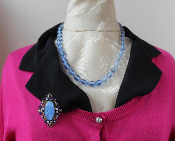 Collier Ancien En Perles De Verre Bleu Graduées - Occasion, Bon état, Vintage
