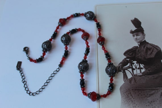 Vintage 1928 Jewelry Signed Necklace Red & Black … - image 2