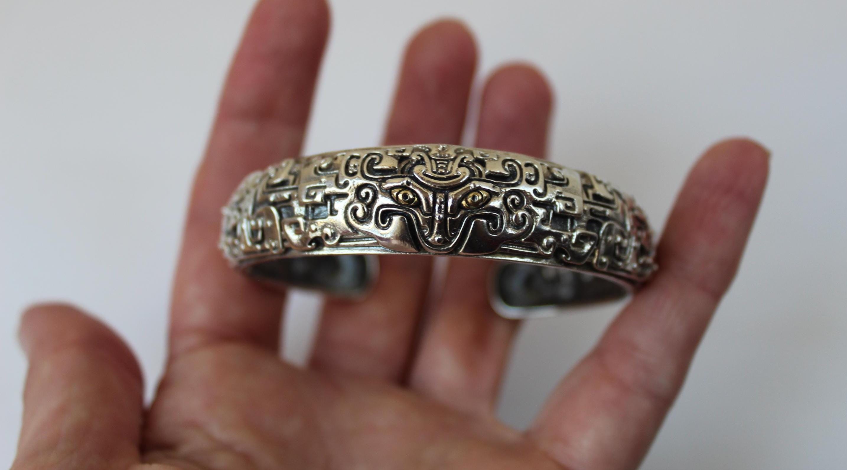 Vintage Sterling Silver Ghost Demon Mask Bracelet, Taotie, Zoomorphic Mask, Chinese Asian Style Sterling Cuff Bracelet Estate Jewelry