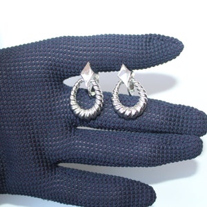 Vintage Mid Century Crown TRIFARI Signed Pierced Silver Hoop Earrings Door Knocker Style Crown Trifari Earrings