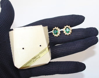 Vintage Austrian Crystal Green Faux Emerald Crystal & Faux Diamond Earrings, Beautiful Estate Pierced Post Earrings On Original Card