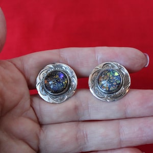 Vintage Fred Harvey Era Navajo Hand Stamped Sterling Cuff Links with Glass Mexico Opals Stunning Color, Signed RSS MEXICO Sterling Old Pawn