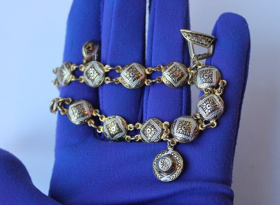Vintage Damascene Charm Bracelet with Dangle Char… - image 4