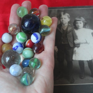 Lot of 20 Antique Victorian Glass Marbles with 2 Large Shooters Marbles and Many Unique Ones, Agates Swirls Colorful Lot, Clear Speckled One