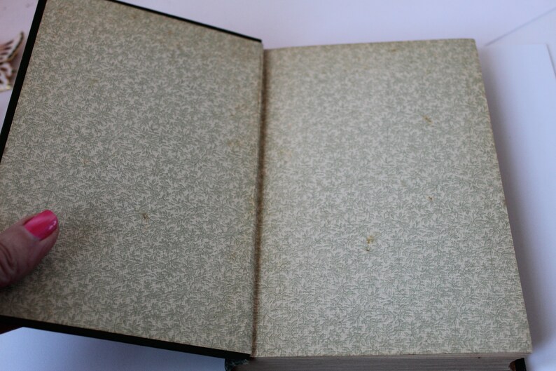 May include: An open book with a light green patterned cover. The pages are blank.