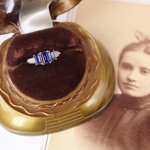 Vintage Fine Estate Jewelry - 10K Solid Yellow Gold Ring 3 Blue Sapphires Emerald Cut with Diamond Accents, Size 6.75 to Size 7, Stunning