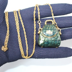 Vintage Unusual Green Enamel & White Crystal Purse Locket, Unique Stash Locket Signed 1996 On Long 29" Gold Tone Chain