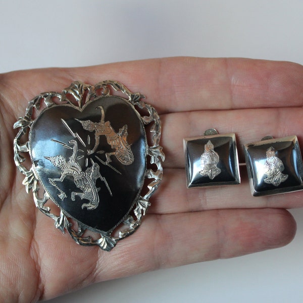 Vintage Siam Sterling Jewelry Set, Goddess of Lightning & God of Thunder in a Heart Pin and Clip On Earrings Set, Gorgeous 1940s Jewelry Set