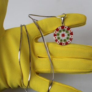 Vintage Original 1980s Italian Glass Millefiori Pendant Necklace Red, Green AMV Antica Murrina Venezia Jewelry Long 24" Sterling ITALY Chain