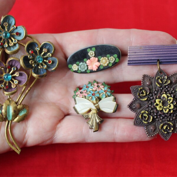 Vintage Lot of 4 Old Celluloid 1940s Art Deco Era Pins Brooches, Flowers, Crystals, Dangle Celluloid Flower Pin, Czechoslovakia WWII Jewelry