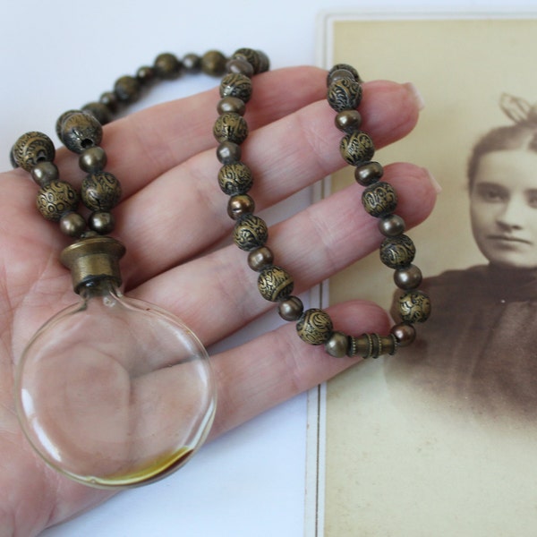 Collier de perles de bouteille de parfum en verre ancien vintage antique, collier de perles insolite Châtelaine avec flacon de bouteille en verre détient Liquid Estate