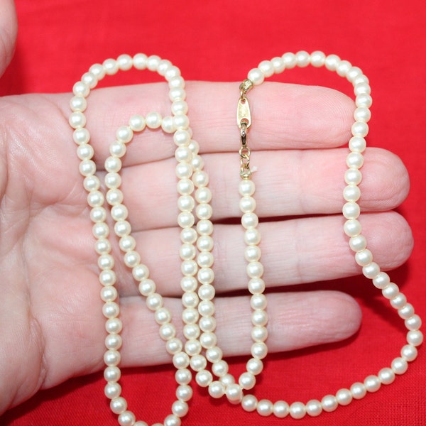 Vintage Mid Century Crown Trifari Signed Longer Thinner Strand Faux Pearl Necklace, Gold Tone Clasp Signed Crown Trifari 24" Elegant Pearls