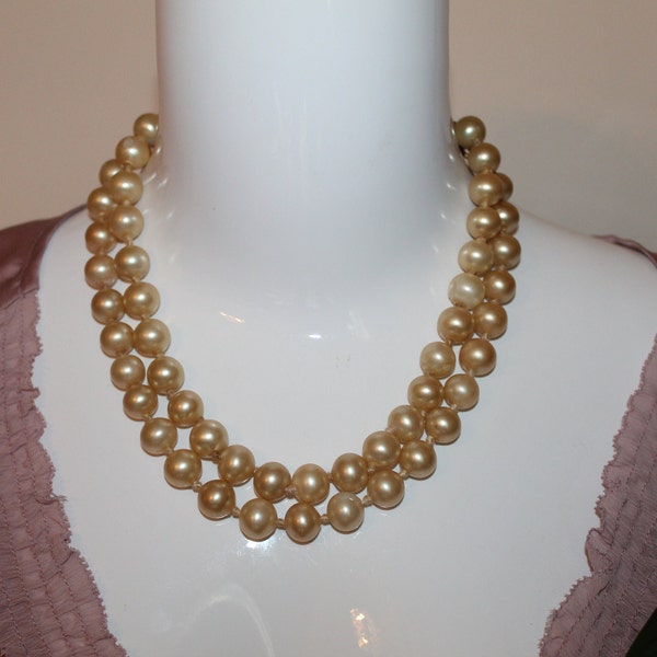 Vintage Signed Miriam Haskell Huge Double Stranded Champagne Pearls Collar Necklace, Signed On Hook Clasp, Adjustable, Large & Heavy