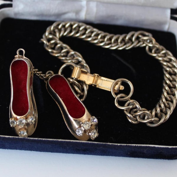 Fabulous Vintage MCM Mid Century 50s Ballerina Slipper Shoe Charm Bracelet, Heavy Weighty Substantial Jewelry Crystal Slippers 7.5"