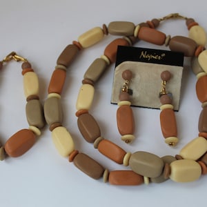 Vintage 1980s NAPIER Parure Jewelry Set Complete 1985 Woodland Hues Jewelry Set Original Card Lisa Bertolli Long Necklace Bracelet Earrings