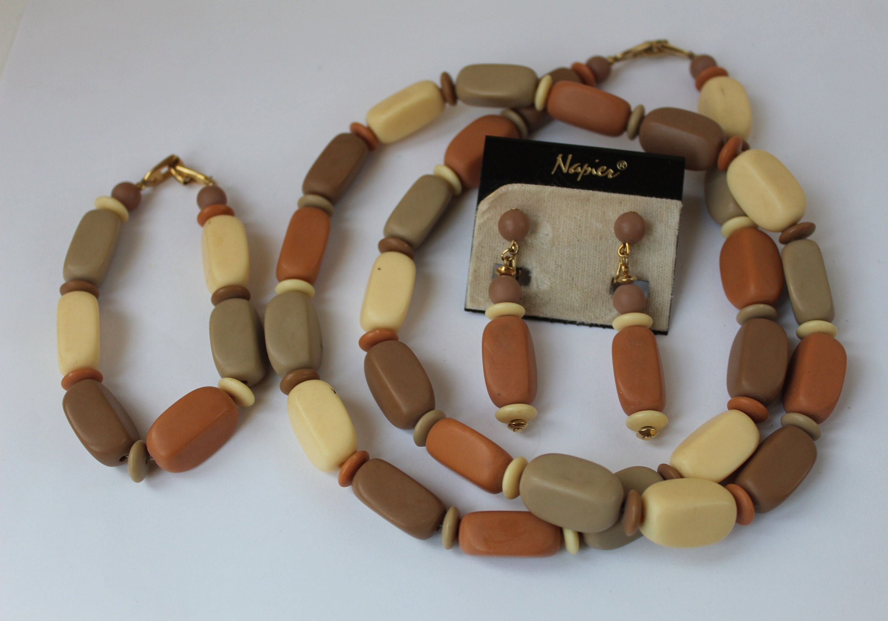 Vintage 1980s NAPIER Parure Jewelry Set Complete 1985 Woodland Hues Jewelry Set Original Card Lisa Bertolli Long Necklace Bracelet Earrings