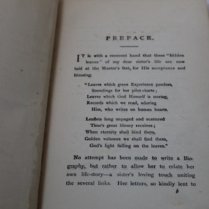 May include: A page from a book with the title "Preface." The text discusses the "hidden leaves" of a person's life and how they are like leaves that fall from a tree. The text also mentions that the book is a collection of letters.