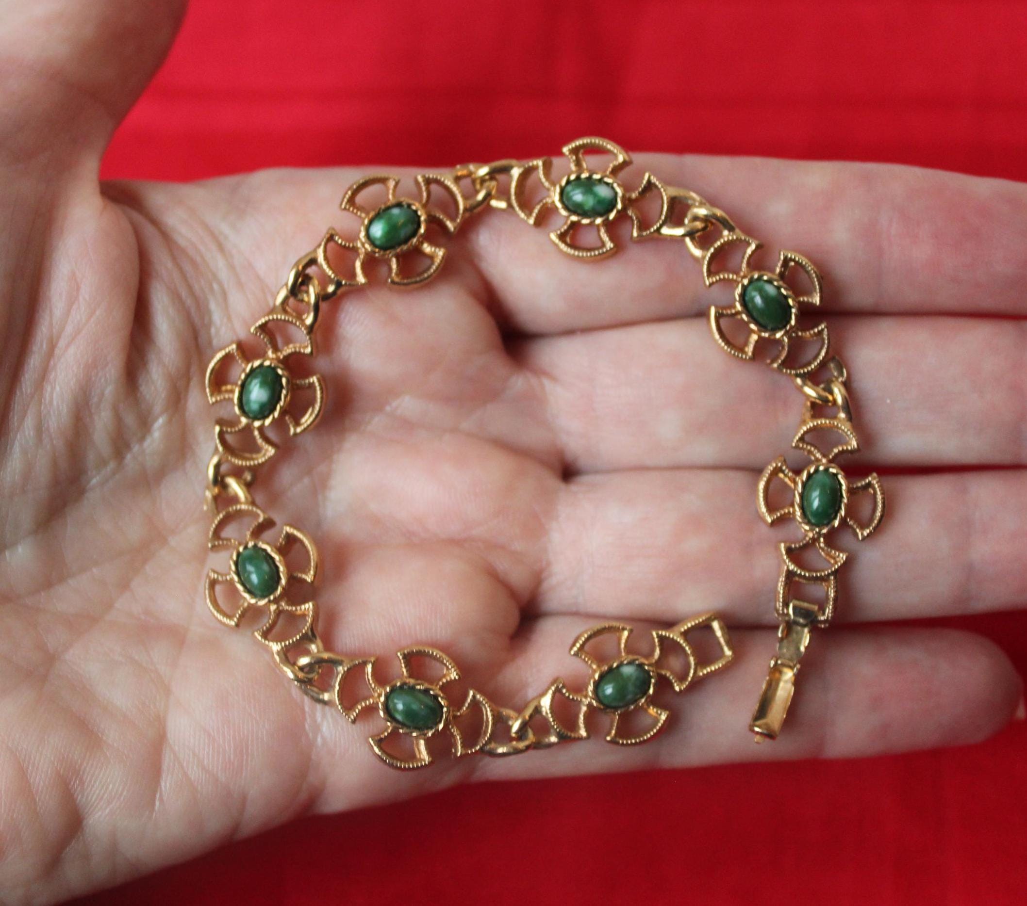 Vintage 1973 Green Stone Cross Bracelet, Baroness Cross, Maltese